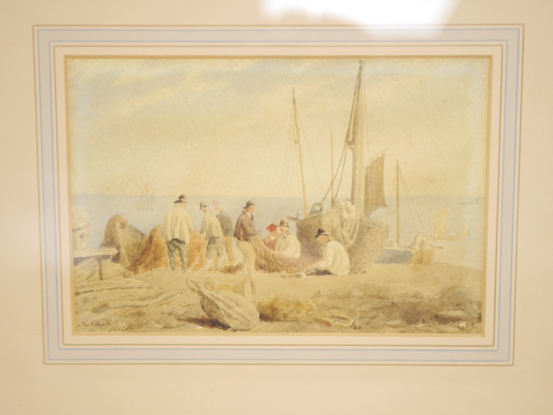 Frederick Nash (1782-1856), pair of watercolours, Brighton coastal views with beached fishing boats, one is signed, each 16 x 24cm. Condition - poor to fair, staining throughout